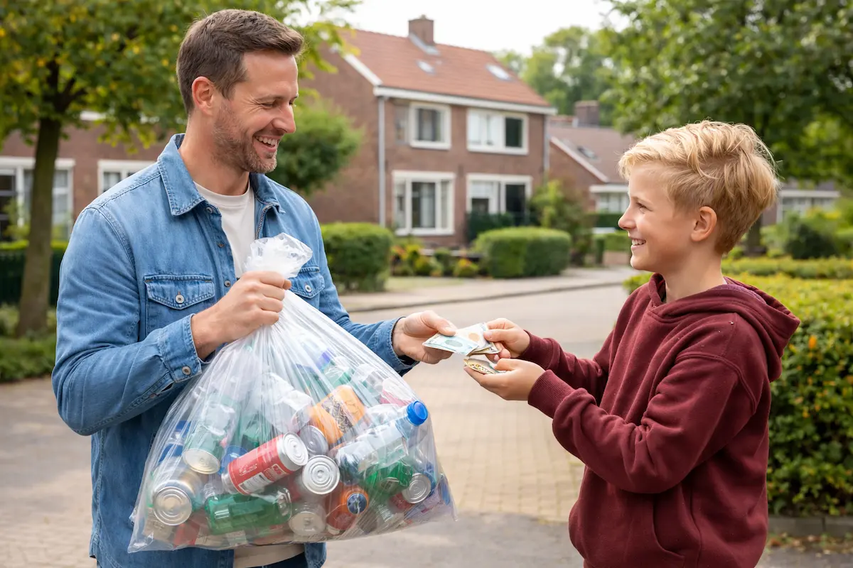 Man geeft tas met flessen aan jongen