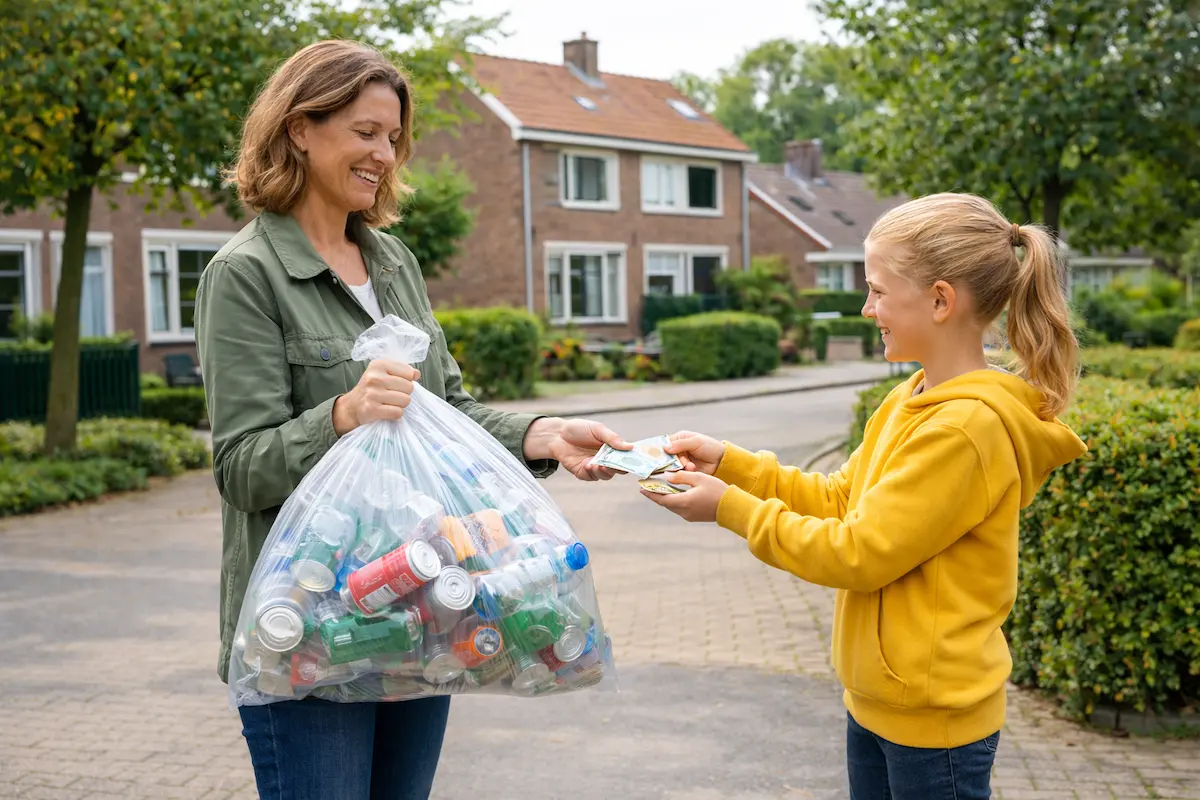 Vrouw en meisje verkopen lege flessen en blikjes als statiegeld